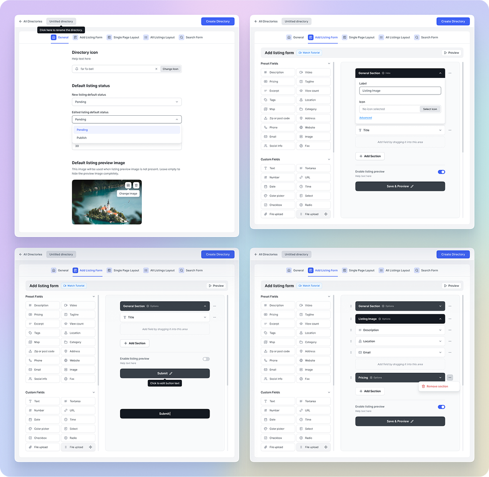 Directorist Builder page configuration screens
